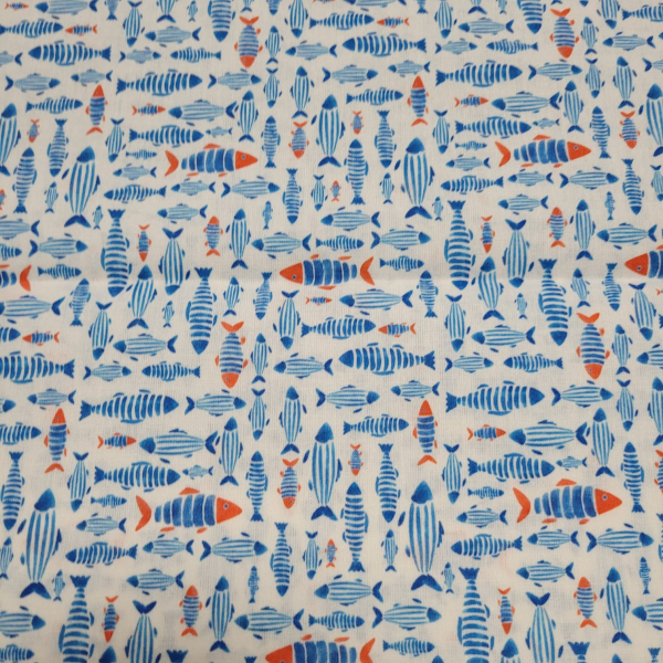 Baumwoll - Popeline Maritim mit kleinen Fischen auf weiß
