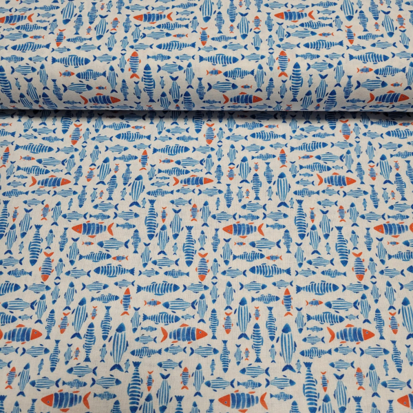 Baumwoll - Popeline Maritim mit kleinen Fischen auf weiß