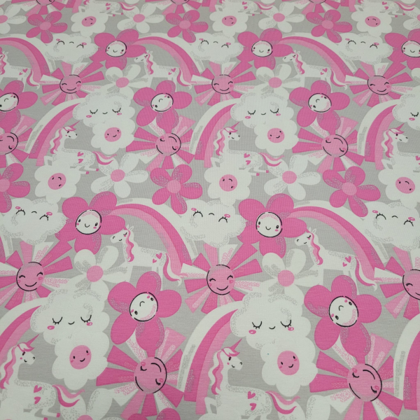 Baumwolljersey - Farbwechsel in der Sonne mit Regenbogen, Wolken, Sonne, Blüten und Einhörnern