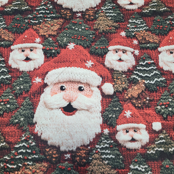 Baumwoll Webware Weihnachten mit Weihnachtsmann und Tannenbaum in Strickoptik