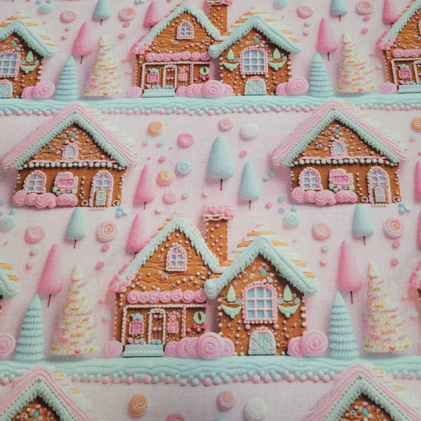 Baumwoll Webware Lebkuchenhaus und Weihnachten auf rosa