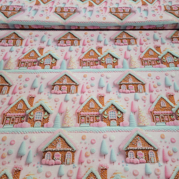 Baumwoll Webware Lebkuchenhaus und Weihnachten auf rosa