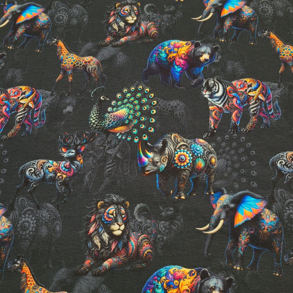 French Terry dark Animals - Tiere auf schwarz mit bunten Details