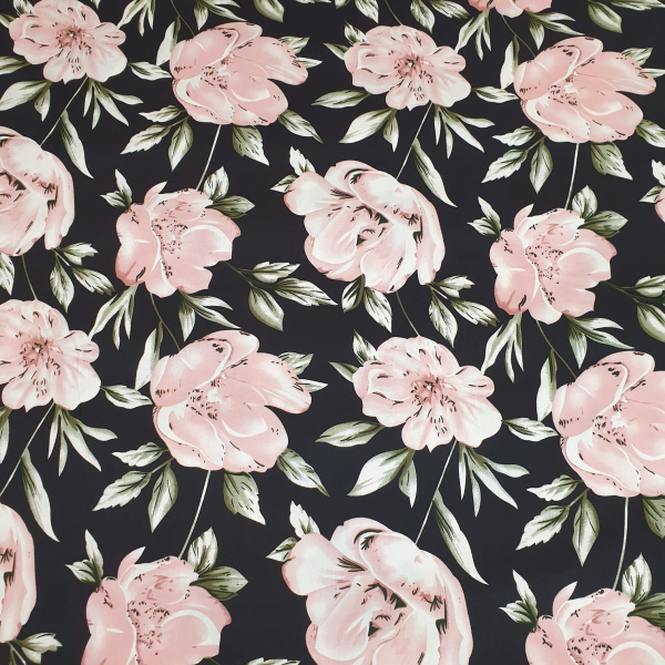 Baumwoll Stretch Blüten rosa - schwarz