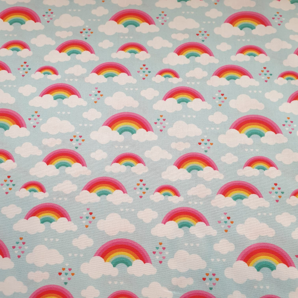 Baumwoll Webware Kim - Regenbogen und Wolken auf hellblau - Rest 0,5 m