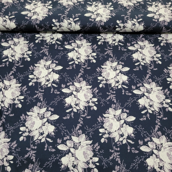 Baumwoll Stretch Rosen blau - weiß