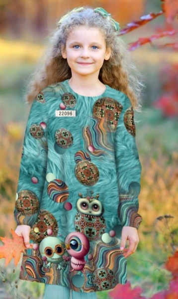 Baumwolljersey Panel mit lustigen Monstern auf blauem Fell - Digitaldruck