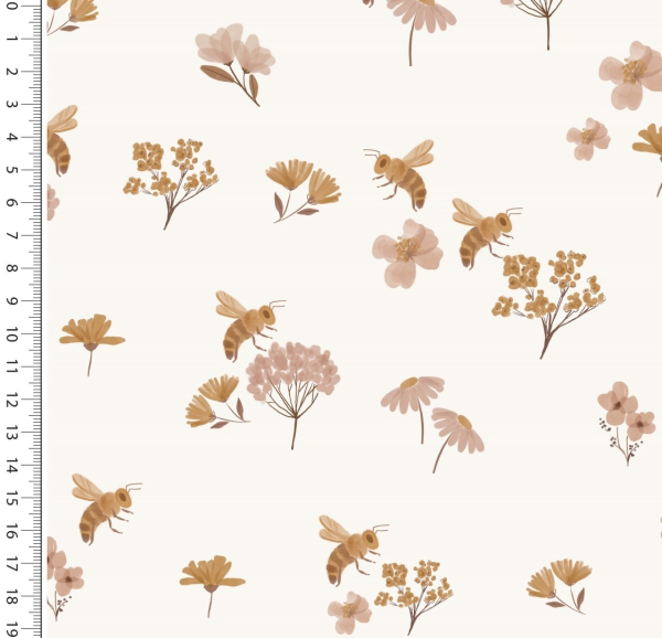 Baumwolljersey Bienen und Blüten auf ecru