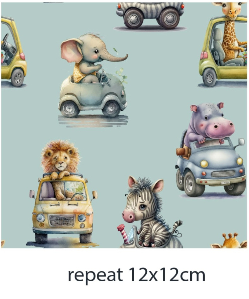 Baumwolljersey mit Elefant, Löwe, Giraffe und Nilpferd in Autos