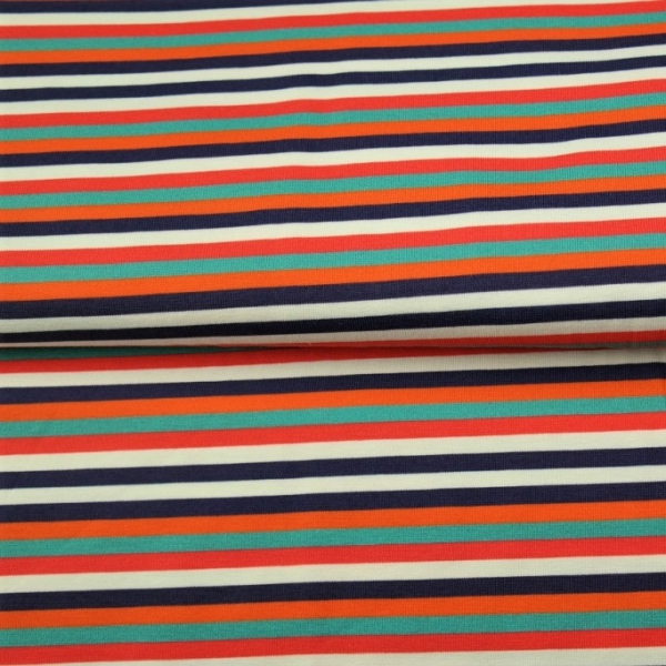 Baumwolljersey Retro - Streifen orange, blau, weiß