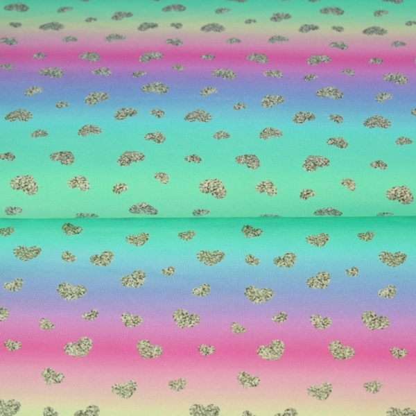 Baumwolljersey Regenbogen - Herzen silber - Digitaldruck