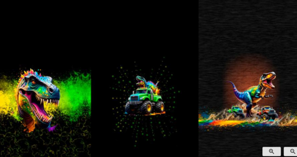 French Terry Panel - Dinos in bunt auf schwarz - weich angeraut