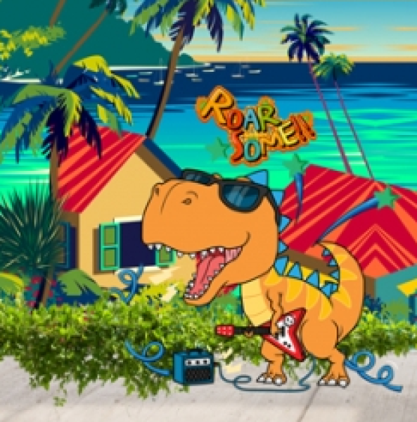 Baumwolljersey Panel coole Dinos mit Skateboard und E-Gitarre - Digitaldruck