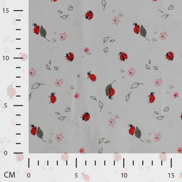 Baumwoll Popeline mit kleinen Marienkäfern + Glückskäfern und kleinen Blättern auf weiß
