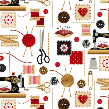 Patchworkstoff Sewing Mends the Soul - Nähutensilien - Schere, Nadeln, Knöpfe, Nähmaschinen, Garn, Maßband - Rest 0,9 m