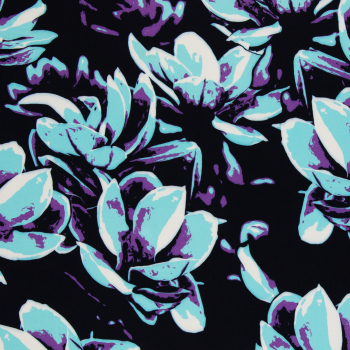 Viskose Webware - Distorted Blooms by Thorsten Berger - Blüten in hellblau - lila - schwarz - Rest 1,6 m