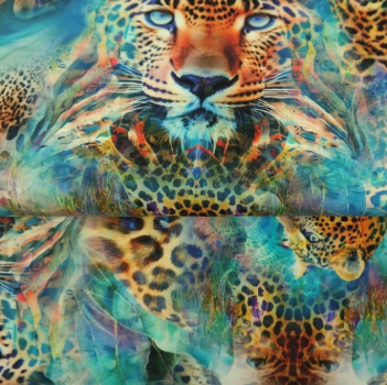 Baumwolljersey mit Leopard auf blau