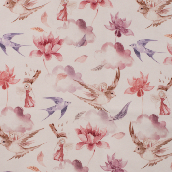 Baumwolljersey mit Fee, Schwalbe, Wolken und Blüten - Organic Cotton